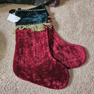 A Pair Of Burgundy & Green Velvet Vintage with Tassels Christmas Stockings. New